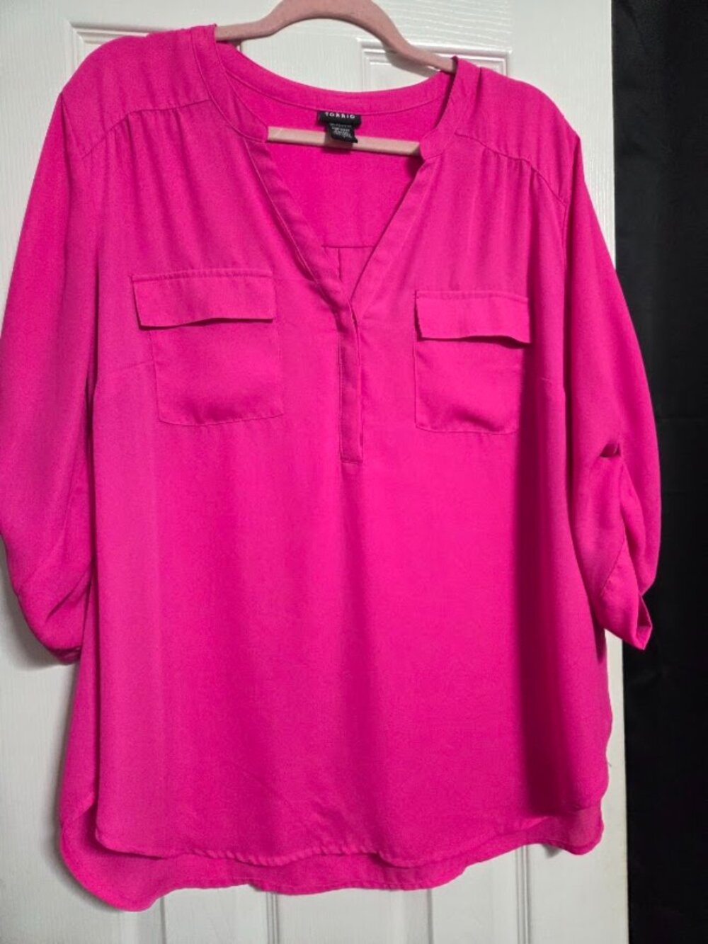 Torrid Hot Pink Fuchsia Roll Tab Sleeve Blouse Size 2 2X